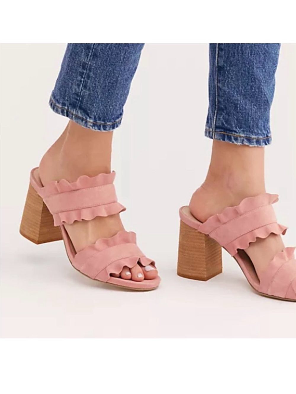 Used Free People Ruffled Pink Block Heel Mules